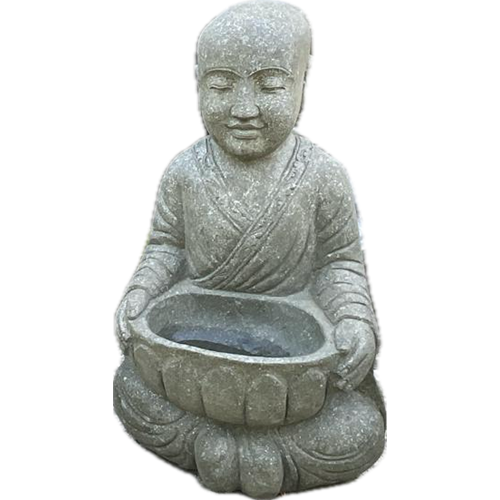 Monk with bowl on front green stone