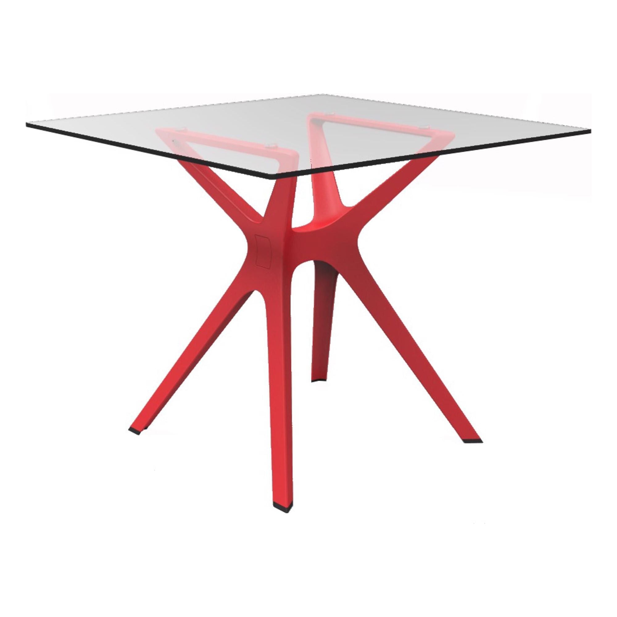 Vierkante tafel 90x90 rood voet glasplaat