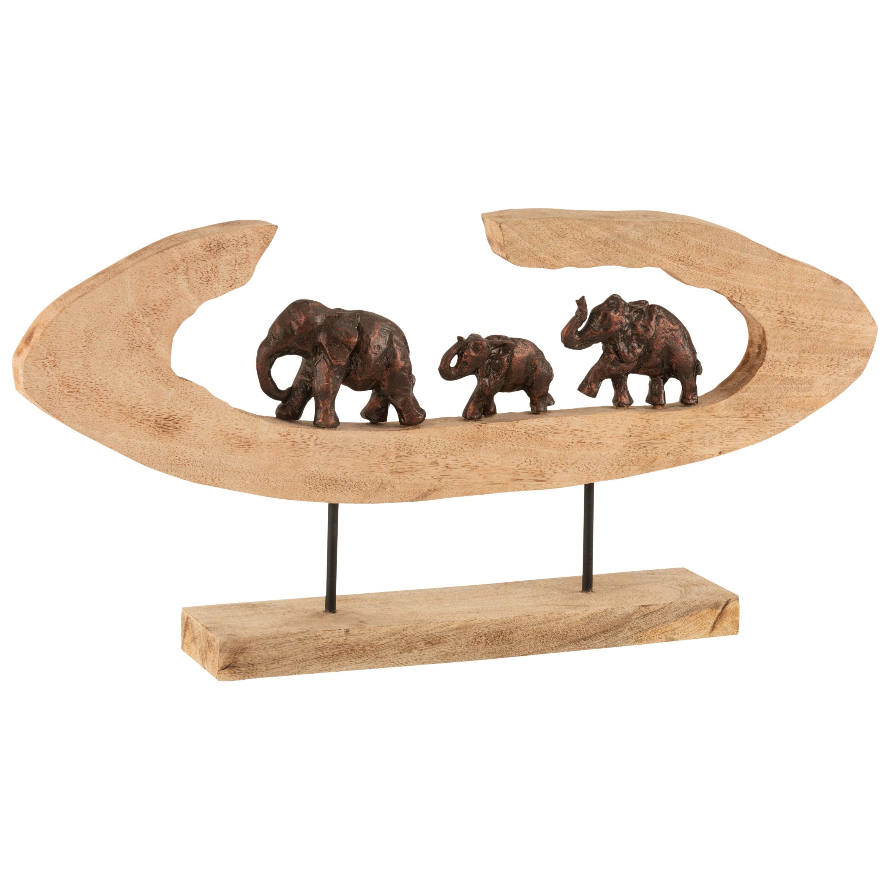 Figure Elephants Row On Foot Mango Wood Aluminum Bronze