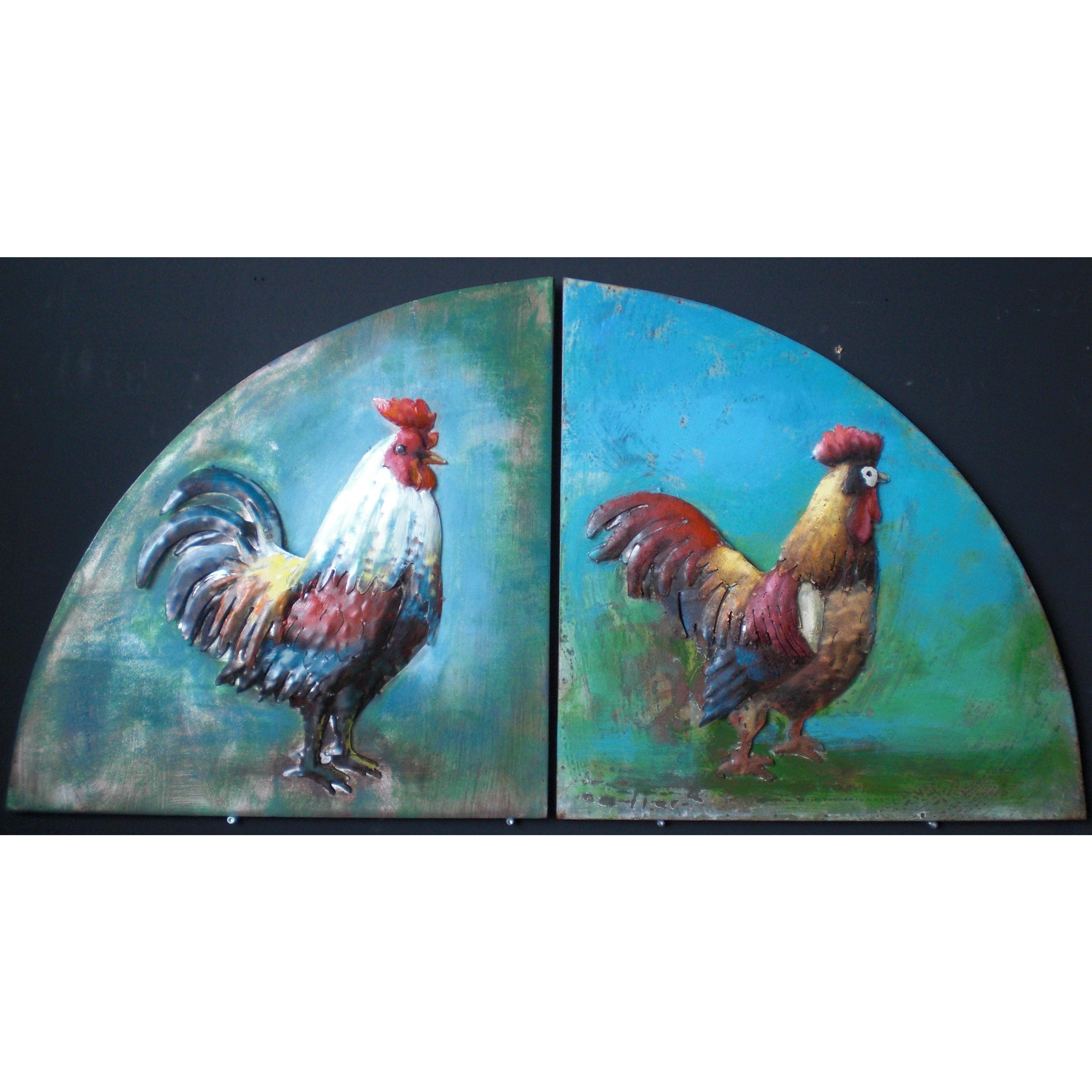 3D metaal schilderij kip/haan op kwartrond