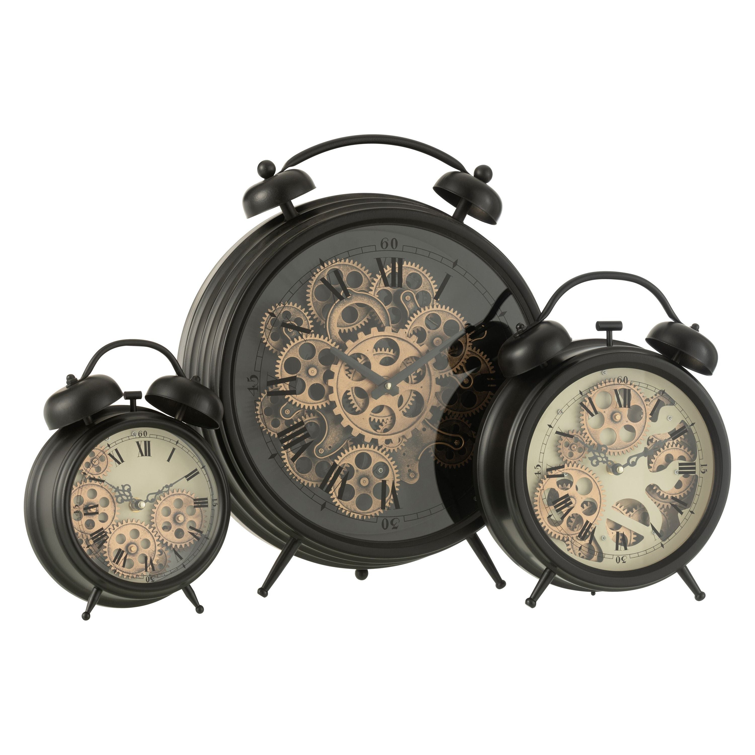 Clock Alarm Clock Roman Numerals Gears Metal Black Large