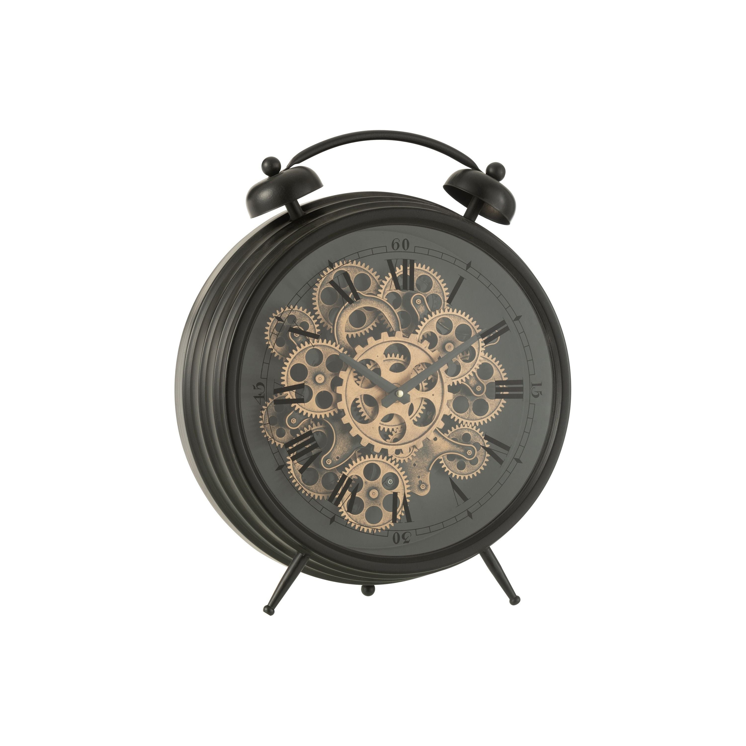 Clock Alarm Clock Roman Numerals Gears Metal Black Large