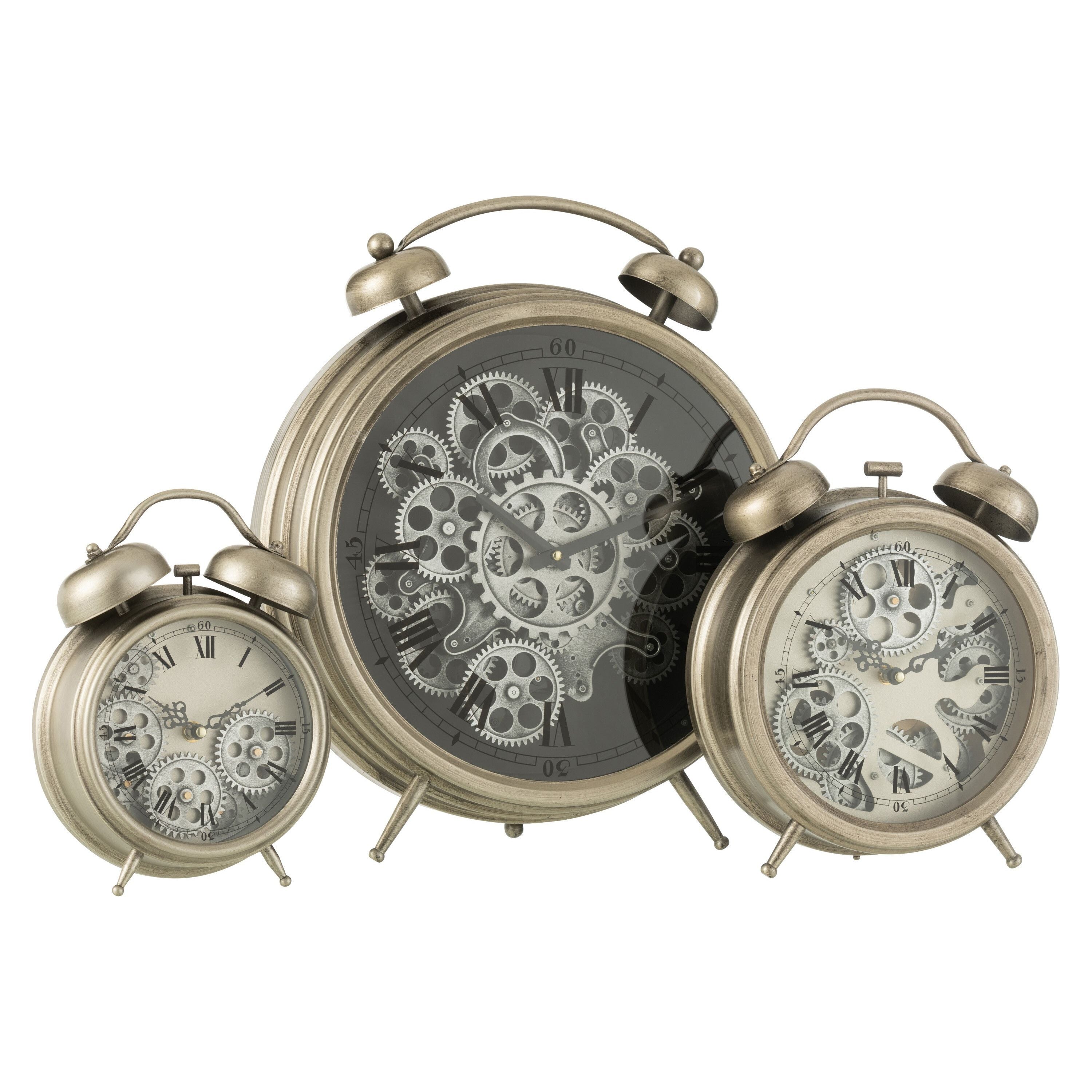 Clock Alarm Clock Roman Numerals Gears Metal Silver Large