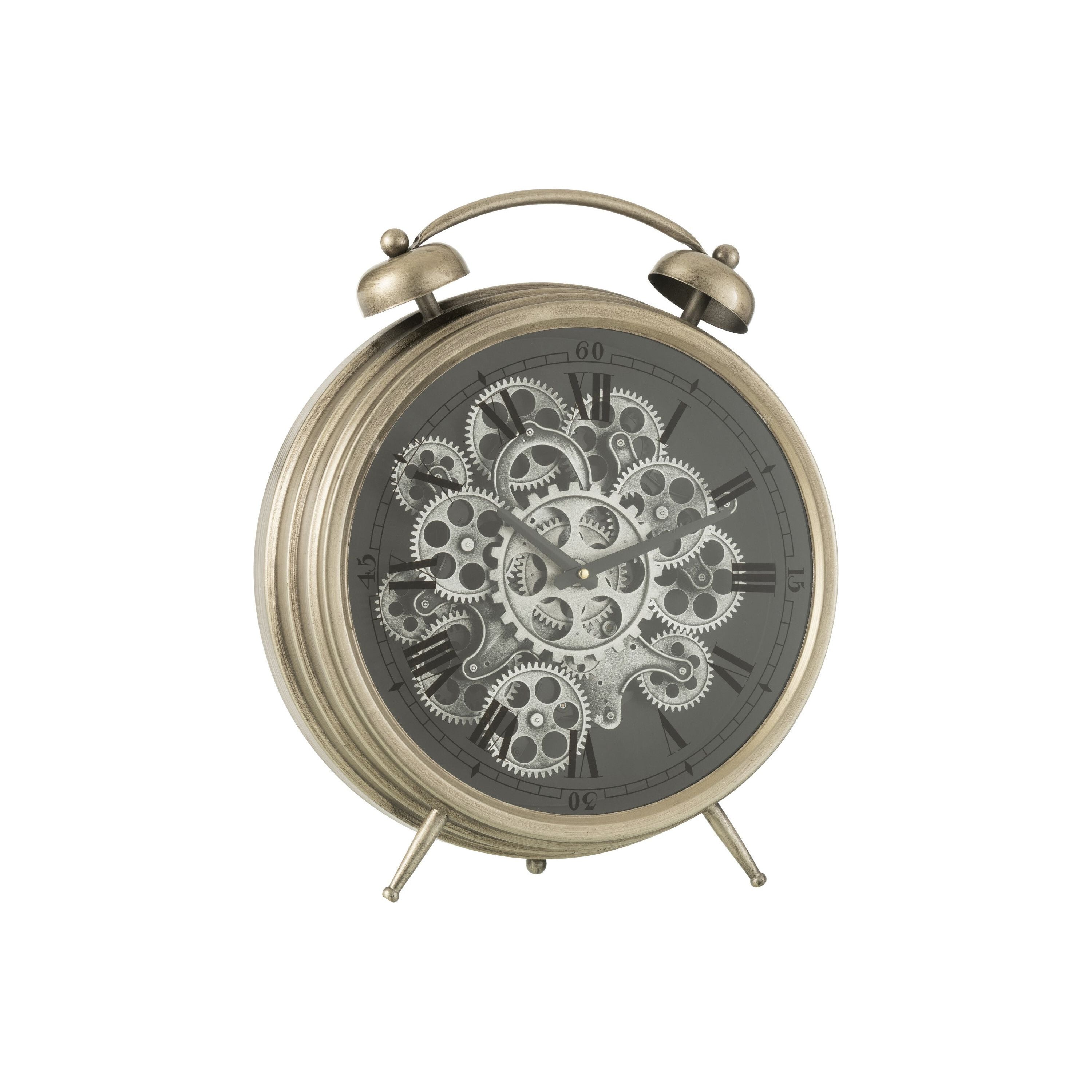 Clock Alarm Clock Roman Numerals Gears Metal Silver Large