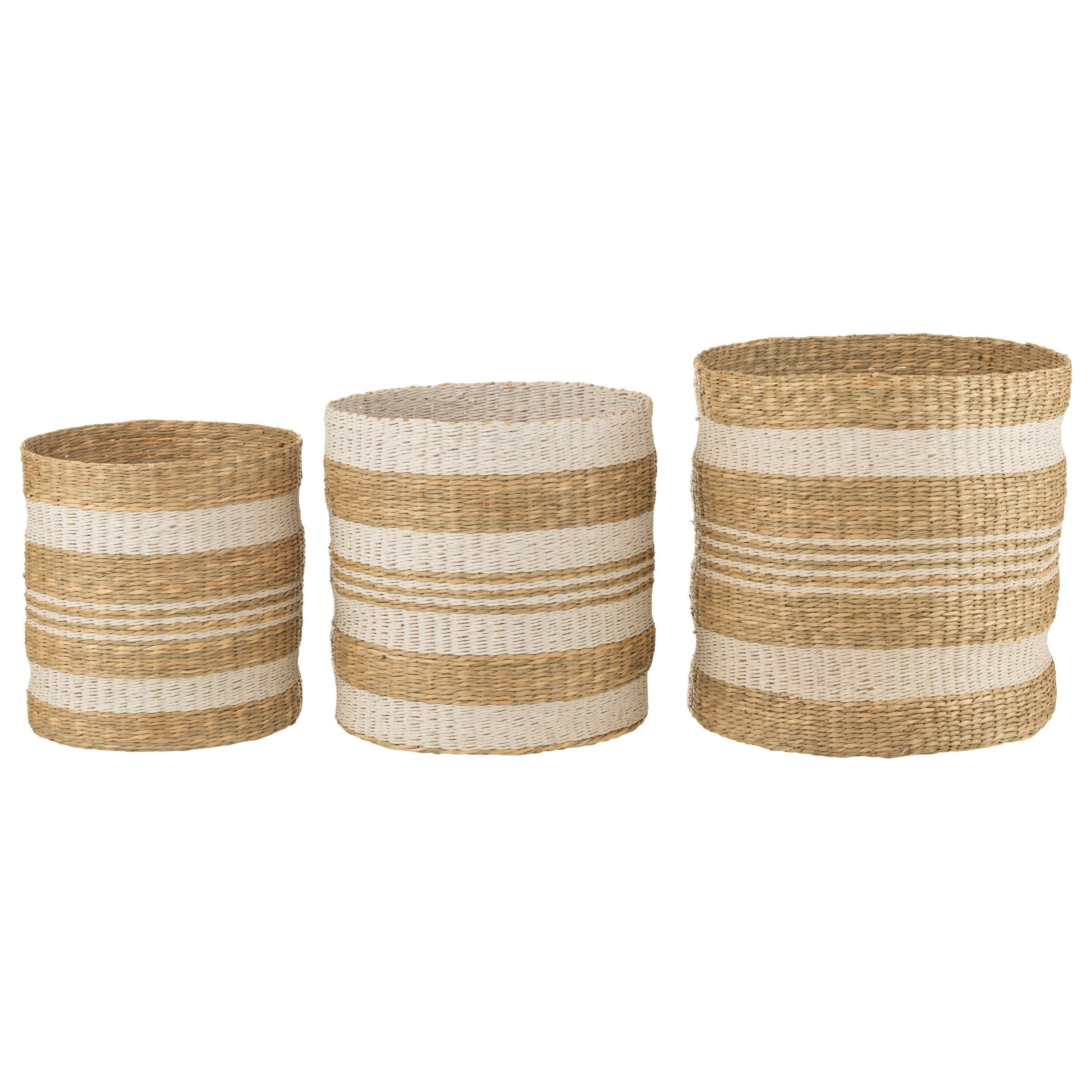 Set 3 Baskets Striped Seagrass White