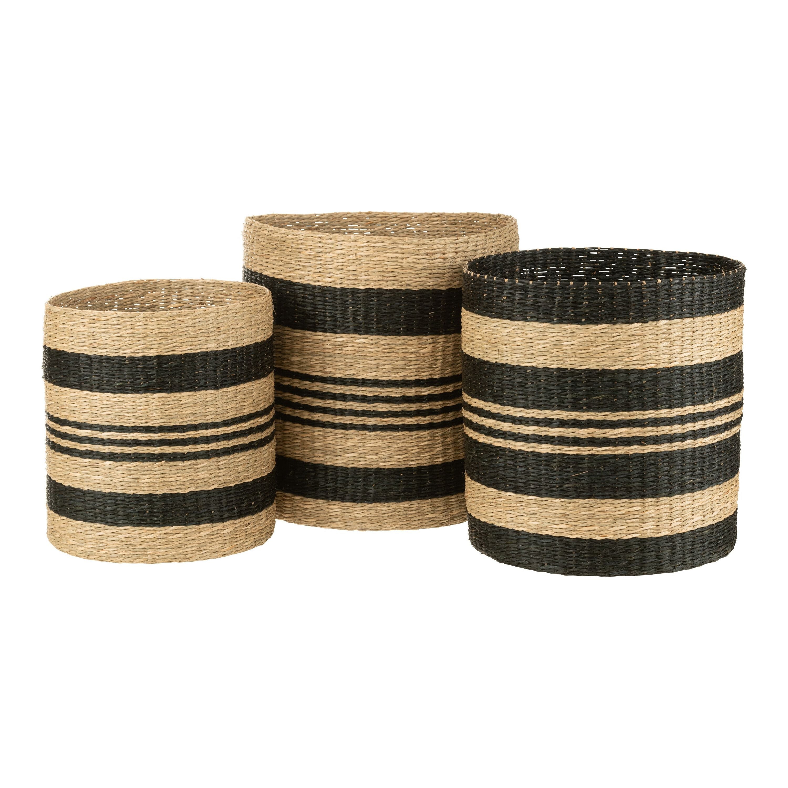 Set 3 Baskets Striped Seagrass Black