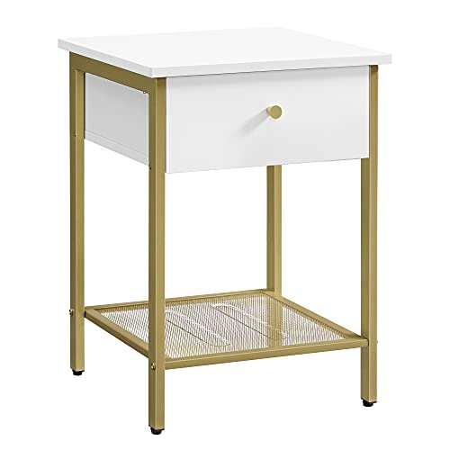 Bedside table with drawer and mesh shelf - Modern White Gold