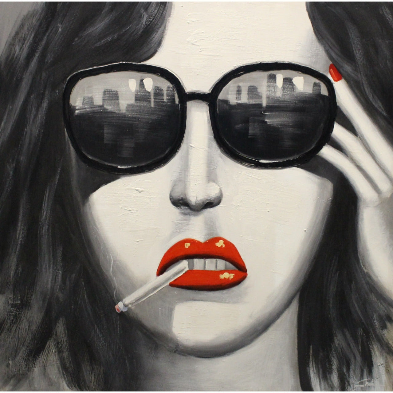 3D metal painting - Smoking lady with red lips