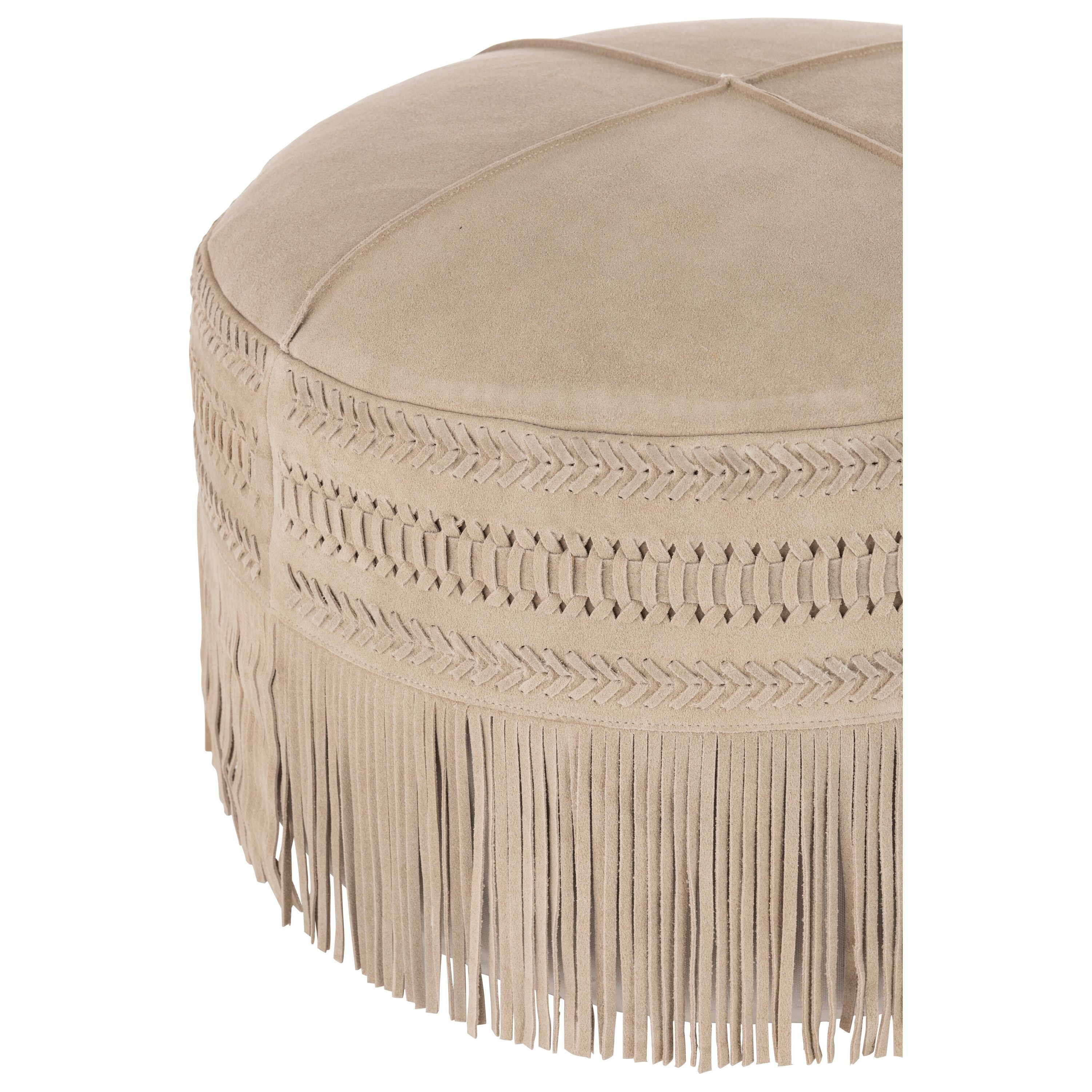 Pouf Fringes Round Leather Light Gray