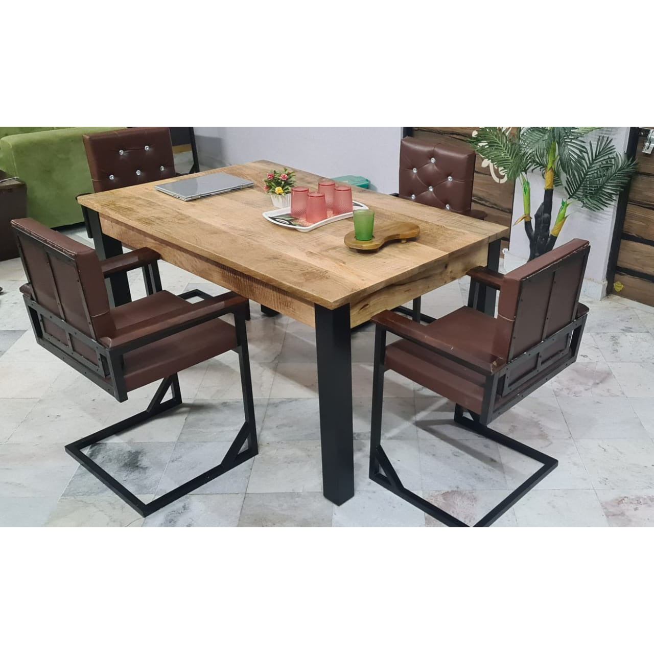 Bahia table mango wood rectangle with black iron corner leg -