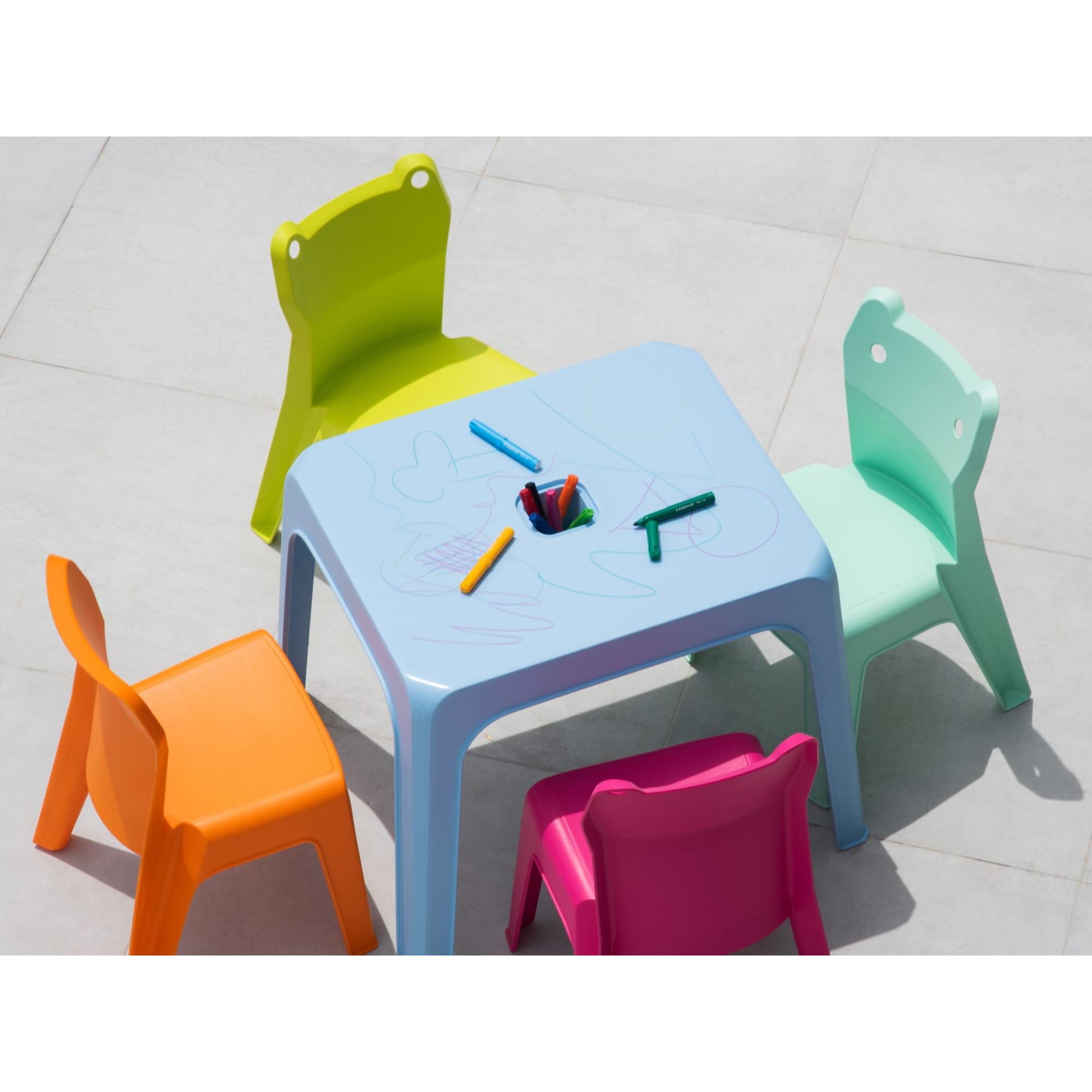 Garbar frog kinderstoel en tafel set 4+1 hemelsblauw oranje