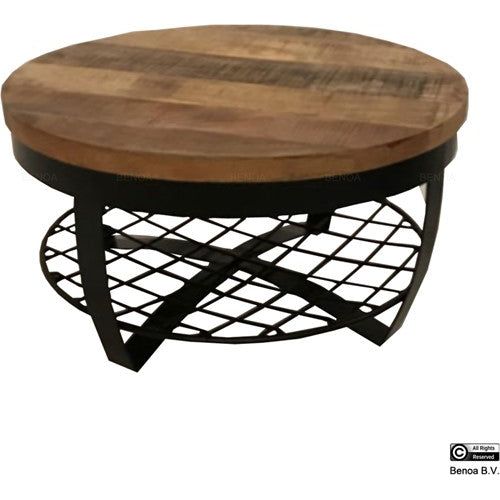iron round coffee table wooden top & iron shelf at base 65