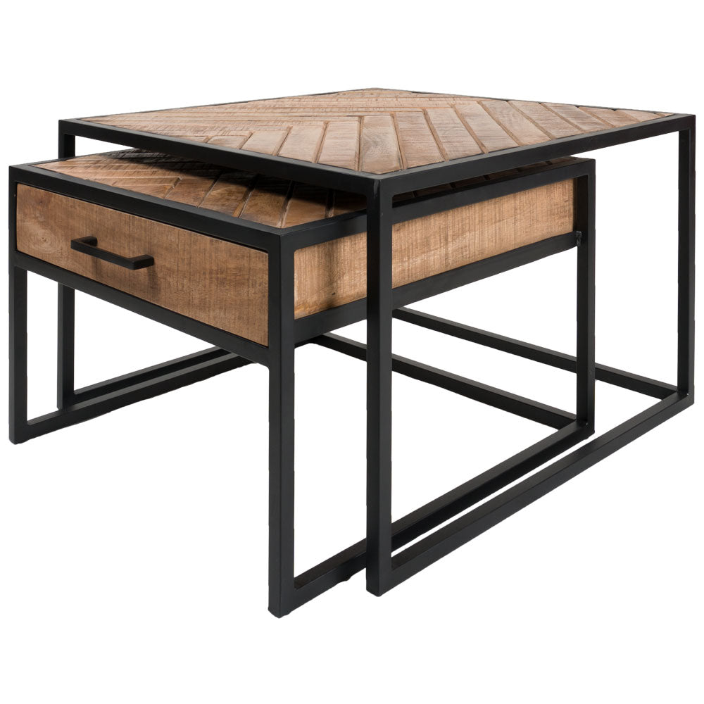 Coffee table Ruby Herringbone - Brown Mango Wood - Set of 2