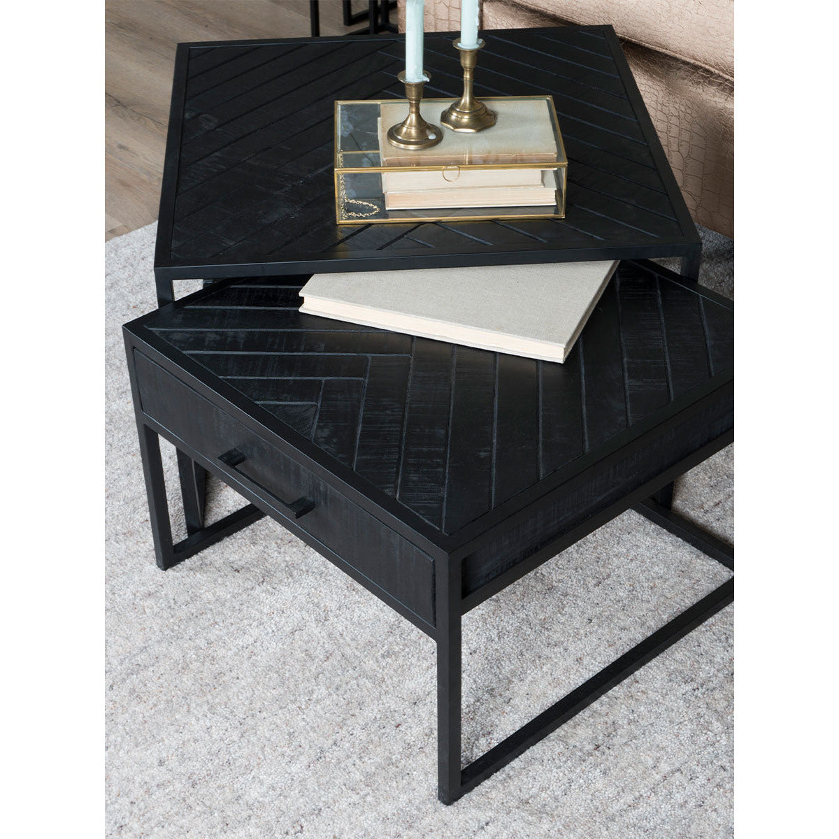 Coffee table Ruby Herringbone - Black Mango Wood - Set of 2
