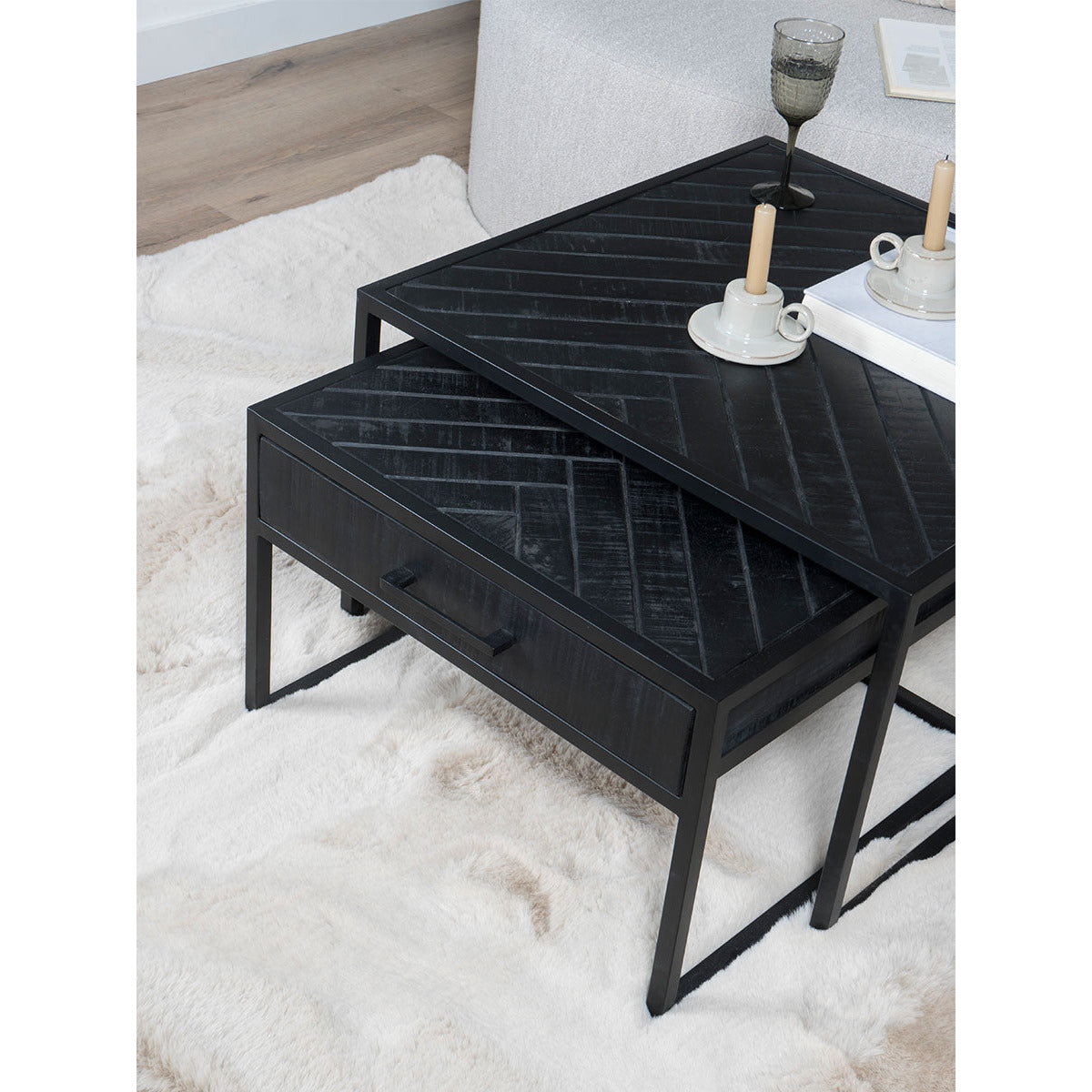 Coffee table Ruby Herringbone - Black Mango Wood - Set of 2